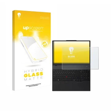Parte frontal de un envase de producto con el logotipo de la marca upscreen. Al lado se muestra el dispositivo Lenovo ThinkPad