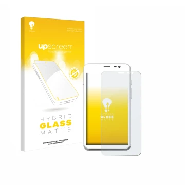 Parte frontal de un envase de producto con el logotipo de la marca upscreen. Al lado se muestra el dispositivo Pax CCV Fly A77