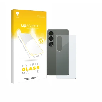 Parte frontal de un envase de producto con el logotipo de la marca upscreen. Al lado se muestra el dispositivo Sony Xperia 1 V