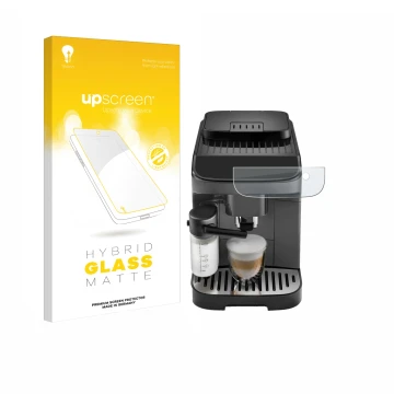 Parte frontal de un envase de producto con el logotipo de la marca upscreen. Al lado se muestra el dispositivo DeLonghi Magnif