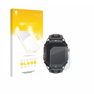 Parte frontal de un envase de producto con el logotipo de la marca upscreen. Al lado se muestra el dispositivo Oukitel BT80 co