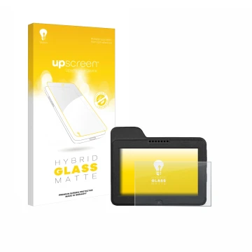 Parte frontal de un envase de producto con el logotipo de la marca upscreen. Al lado se muestra el dispositivo Naviter Omni co