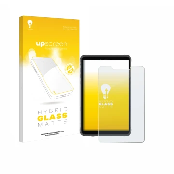 Parte frontal de un envase de producto con el logotipo de la marca upscreen. Al lado se muestra el dispositivo Ulefone Armor P