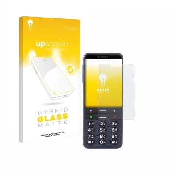 Parte frontal de un envase de producto con el logotipo de la marca upscreen. Al lado se muestra el dispositivo BlindShell Clas