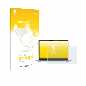 Parte frontal de un envase de producto con el logotipo de la marca upscreen. Al lado se muestra el dispositivo Lenovo ThinkBoo