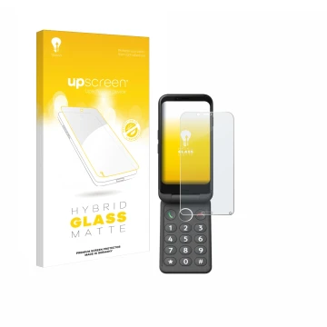 Parte frontal de un envase de producto con el logotipo de la marca upscreen. Al lado se muestra el dispositivo Doro Aurora A20