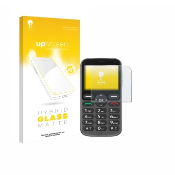 Parte frontal de un envase de producto con el logotipo de la marca upscreen. Al lado se muestra el dispositivo Doro 1380 con s