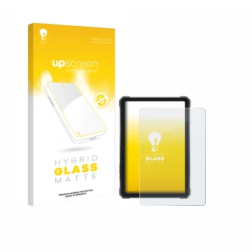 Parte frontal de un envase de producto con el logotipo de la marca upscreen. Al lado se muestra el dispositivo Hotwav R9 Plus 