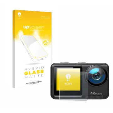 Parte frontal de un envase de producto con el logotipo de la marca upscreen. Al lado se muestra el dispositivo Wolfang GA420 c