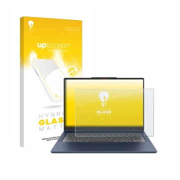 Parte frontal de un envase de producto con el logotipo de la marca upscreen. Al lado se muestra el dispositivo Lenovo IdeaPad 