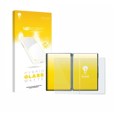 Parte frontal de un envase de producto con el logotipo de la marca upscreen. Al lado se muestra el dispositivo Lenovo Yoga Boo