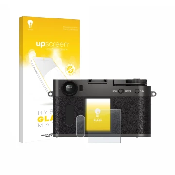 Parte frontal de un envase de producto con el logotipo de la marca upscreen. Al lado se muestra el dispositivo Fujifilm X Half