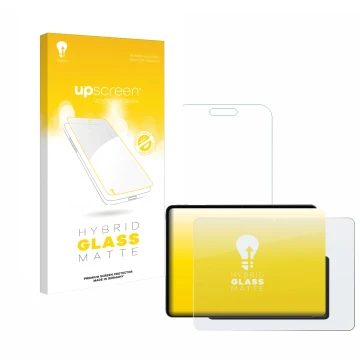 Parte frontal de un envase de producto con el logotipo de la marca upscreen. Al lado se muestra el dispositivo OnePlus Pad 3 c