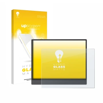 Parte frontal de un envase de producto con el logotipo de la marca upscreen. Al lado se muestra el dispositivo Boox Tab X C co