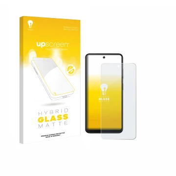 Parte frontal de un envase de producto con el logotipo de la marca upscreen. Al lado se muestra el dispositivo Xplora HMD Fusi