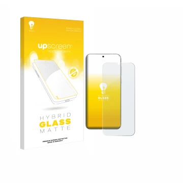 Parte frontal de un envase de producto con el logotipo de la marca upscreen. Al lado se muestra el dispositivo Huawei Pura 80 