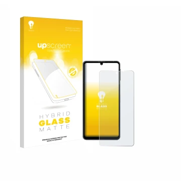 Parte frontal de un envase de producto con el logotipo de la marca upscreen. Al lado se muestra el dispositivo Sharp Aquos Sen