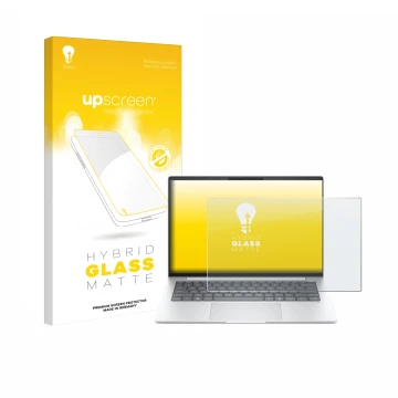 Parte frontal de un envase de producto con el logotipo de la marca upscreen. Al lado se muestra el dispositivo HP EliteBook 8 