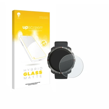 Parte frontal de un envase de producto con el logotipo de la marca upscreen. Al lado se muestra el dispositivo Polar Grit X2 c