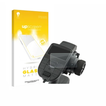 Parte frontal de un envase de producto con el logotipo de la marca upscreen. Al lado se muestra el dispositivo Radiomaster MT1