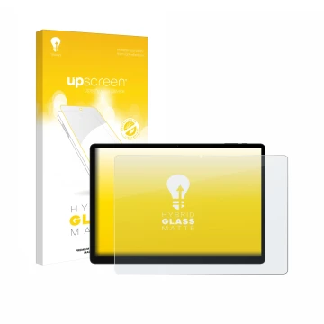 Parte frontal de un envase de producto con el logotipo de la marca upscreen. Al lado se muestra el dispositivo Doogee Tab E3 M