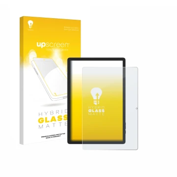 Parte frontal de un envase de producto con el logotipo de la marca upscreen. Al lado se muestra el dispositivo Doogee Tab E3 P