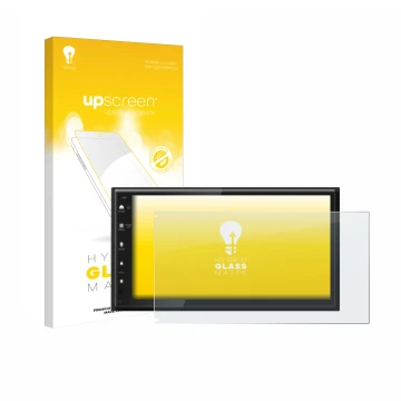 Parte frontal de un envase de producto con el logotipo de la marca upscreen. Al lado se muestra el dispositivo Kenwood DMX6523