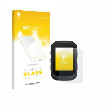 Parte frontal de un envase de producto con el logotipo de la marca upscreen. Al lado se muestra el dispositivo Garmin Edge MTB