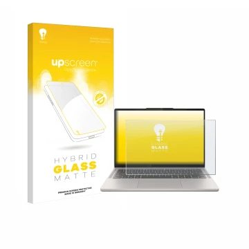 Parte frontal de un envase de producto con el logotipo de la marca upscreen. Al lado se muestra el dispositivo Lenovo Chromebo