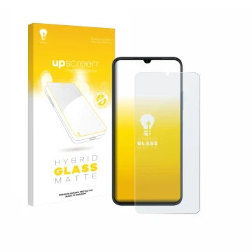 Parte frontal de un envase de producto con el logotipo de la marca upscreen. Al lado se muestra el dispositivo Huawei Nova Y61