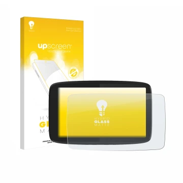Parte frontal de un envase de producto con el logotipo de la marca upscreen. Al lado se muestra el dispositivo TomTom GO Campe