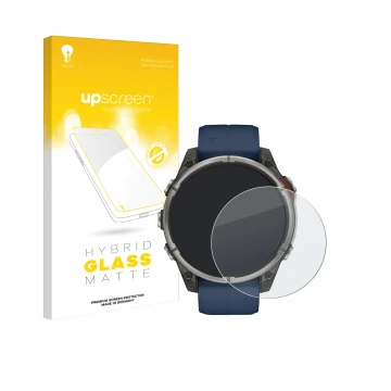 Parte frontal de un envase de producto con el logotipo de la marca upscreen. Al lado se muestra el dispositivo Garmin quatix 8
