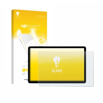 Parte frontal de un envase de producto con el logotipo de la marca upscreen. Al lado se muestra el dispositivo Doogee Tab G6 c