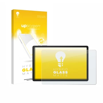 Parte frontal de un envase de producto con el logotipo de la marca upscreen. Al lado se muestra el dispositivo Doogee Tab G6 P