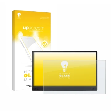 Parte frontal de un envase de producto con el logotipo de la marca upscreen. Al lado se muestra el dispositivo ASUS ZenScreen 