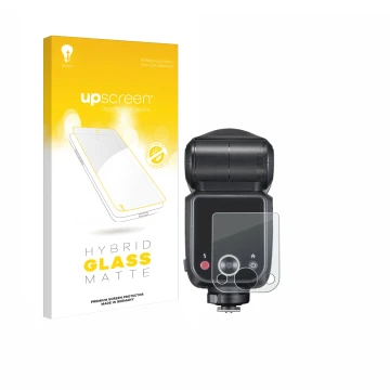 Parte frontal de un envase de producto con el logotipo de la marca upscreen. Al lado se muestra el dispositivo Godox V100 con 