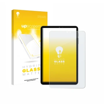 Parte frontal de un envase de producto con el logotipo de la marca upscreen. Al lado se muestra el dispositivo Alldocube iPlay