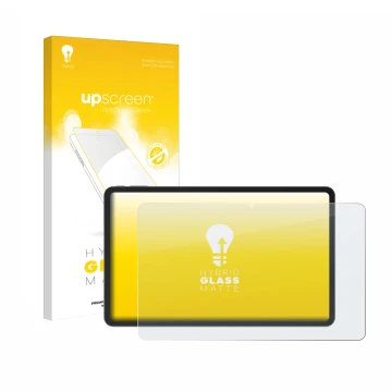 Parte frontal de un envase de producto con el logotipo de la marca upscreen. Al lado se muestra el dispositivo Doogee V Pad 12