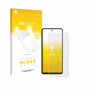Parte frontal de un envase de producto con el logotipo de la marca upscreen. Al lado se muestra el dispositivo Nubia Neo 3 con