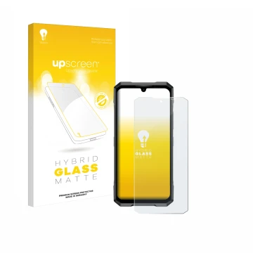 Parte frontal de un envase de producto con el logotipo de la marca upscreen. Al lado se muestra el dispositivo Doogee Blade GT