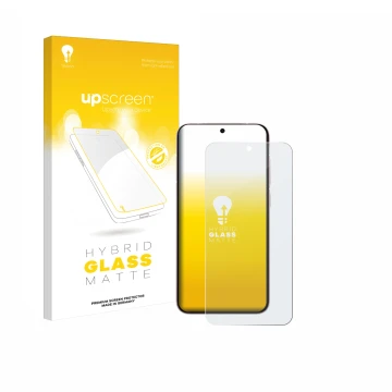 Parte frontal de un envase de producto con el logotipo de la marca upscreen. Al lado se muestra el dispositivo Vivo X200 FE co