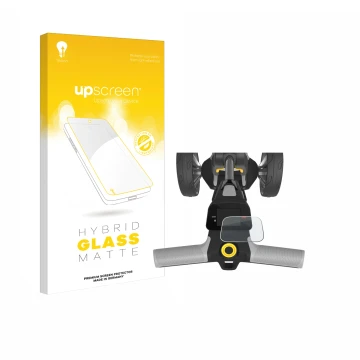 Parte frontal de un envase de producto con el logotipo de la marca upscreen. Al lado se muestra el dispositivo PowaKaddy CT6 2