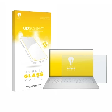 Parte frontal de un envase de producto con el logotipo de la marca upscreen. Al lado se muestra el dispositivo Dell 14 Premium