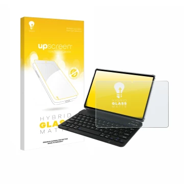 Parte frontal de un envase de producto con el logotipo de la marca upscreen. Al lado se muestra el dispositivo Tabwee T90 con 