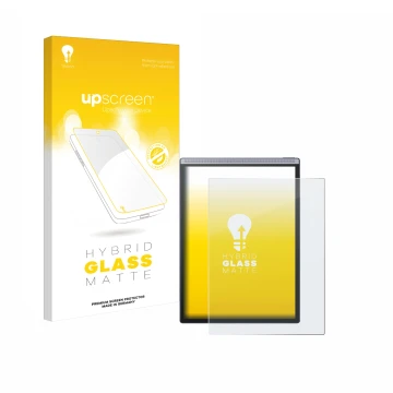 Parte frontal de un envase de producto con el logotipo de la marca upscreen. Al lado se muestra el dispositivo iflytek Ainote 