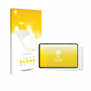 Parte frontal de un envase de producto con el logotipo de la marca upscreen. Al lado se muestra el dispositivo Redmagic Astra 