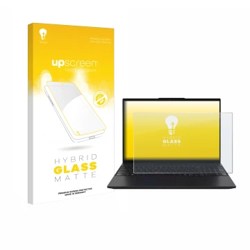 Parte frontal de un envase de producto con el logotipo de la marca upscreen. Al lado se muestra el dispositivo Lenovo ThinkPad