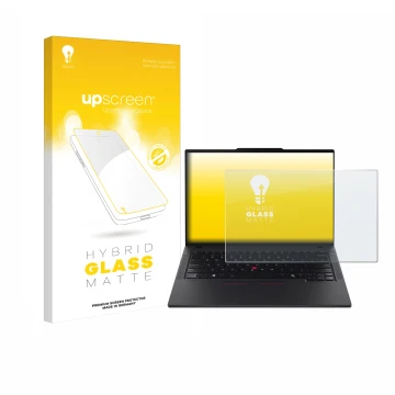 Parte frontal de un envase de producto con el logotipo de la marca upscreen. Al lado se muestra el dispositivo Lenovo ThinkPad