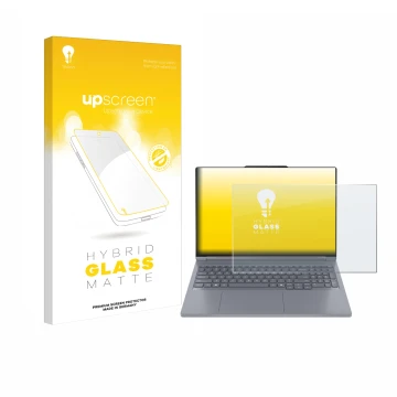 Parte frontal de un envase de producto con el logotipo de la marca upscreen. Al lado se muestra el dispositivo Lenovo ThinkBoo