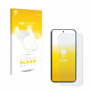 Parte frontal de un envase de producto con el logotipo de la marca upscreen. Al lado se muestra el dispositivo Google Pixel 10